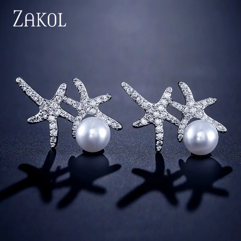 White Color ZAKOL Новое поступление модные Cz циркония Морская звезда жемчужные серьги гвоздики для женщин девушек вечерние ювелирные изделия подарок FSEP2347 - Окраска металла: White Color
