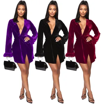 

Autumn Womens Dresses Sexy V-neck Fur Long Sleeve Velvet Dress Office Ladies High Waist Mini Dress Wholesale Drop Shipping