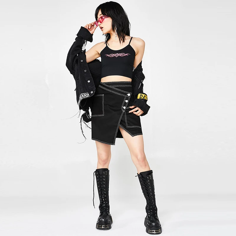 HDY Haoduoyi New Fashion Streetwear Style Women Summer Patchwork Asymmetrical Button Slim Split Solid Denim Skirt