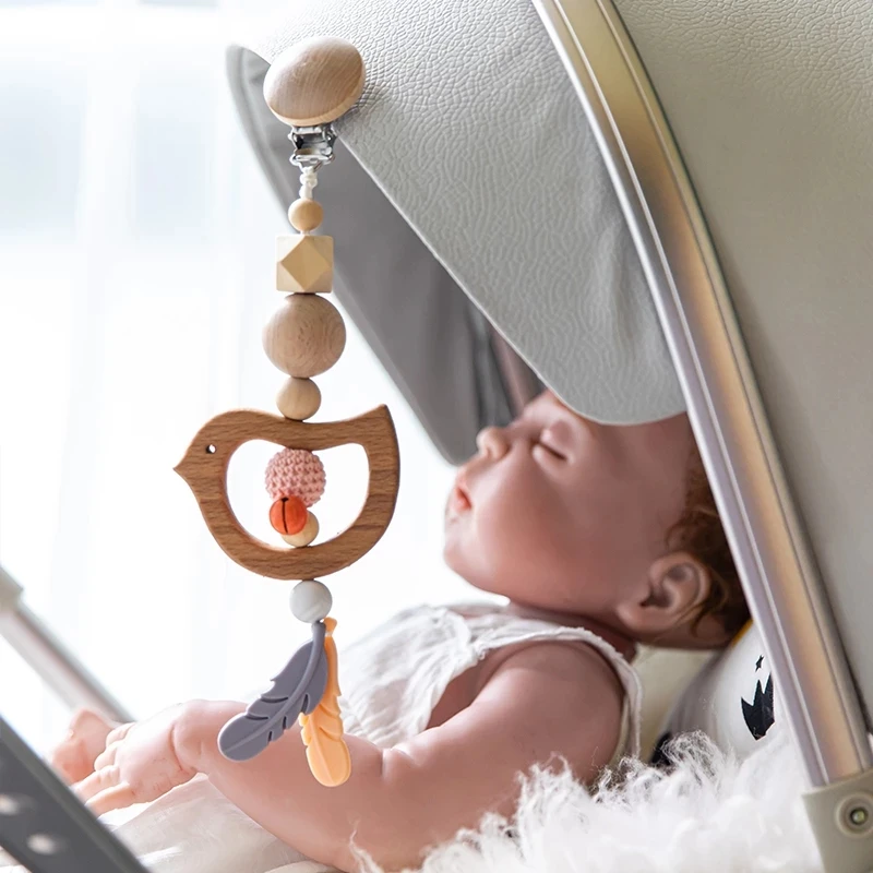 Wooden Music Rattle Animal Star Mobile Holder Teething Pendant Gym Rodent Silicone Bead Necklace Clip rattle for stroller | Игрушки и