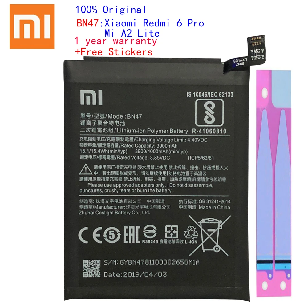 

XiaoMi Original Replacement Battery BN47 For Xiaomi RedMi6 Pro Redmi 6 pro Redrice 100% New Authentic Phone Battery 3900mAh