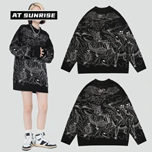 Women Men Streetwear Harajuku Casual Sweater cartoon skulls Knitted Sweater Autumn Cotton Pullover black tops oversized vintage