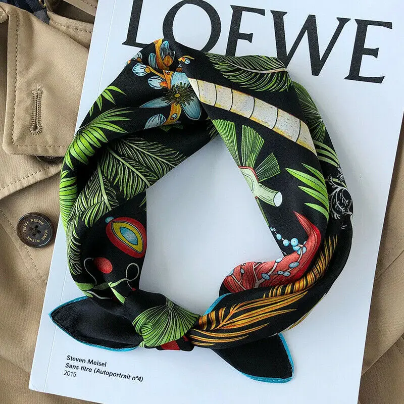 

Luxury Small Scarf 100% Silk Shiny Bandana Women Fashion Palm Tree Print Kerchief Square Hairband 20.8 inches