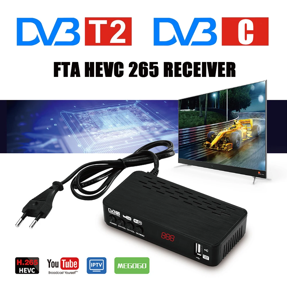 ТВ-приемник DVB-T2 HEVC 265 FTA DVB-C цифровой ТВ-тюнер DVB T2 Full HD H.265 DVB-T телеприставка Youtube Megogo