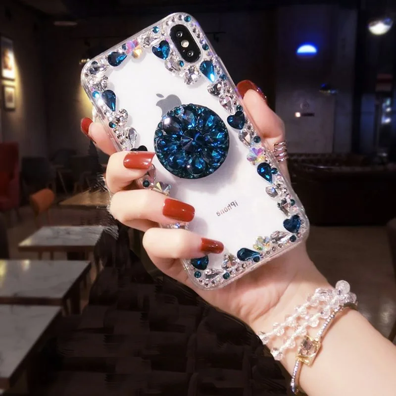 Блестящий Алмазный 3D Держатель подставка Прозрачный чехол для iPhone X XR XS MAX 7 8 6S plus для samsung S8 S9 S10 E чехол для Note