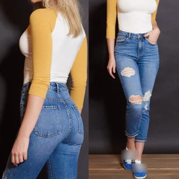 

Women High Waist jeans fashion hole casual Slim skinny pencil pants sumemr female denim Pants ripped Jeans ankle length jeans