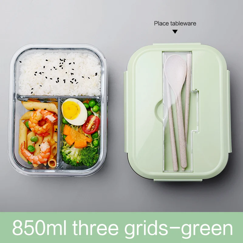 Microwavable стеклянный Ланч-бокс с разделителем, крышкой, мешком; приготовление еды стеклянный контейнер для хранения еды контейнеры с 2 отсеками; контейнер для ланча - Цвет: three-part-green