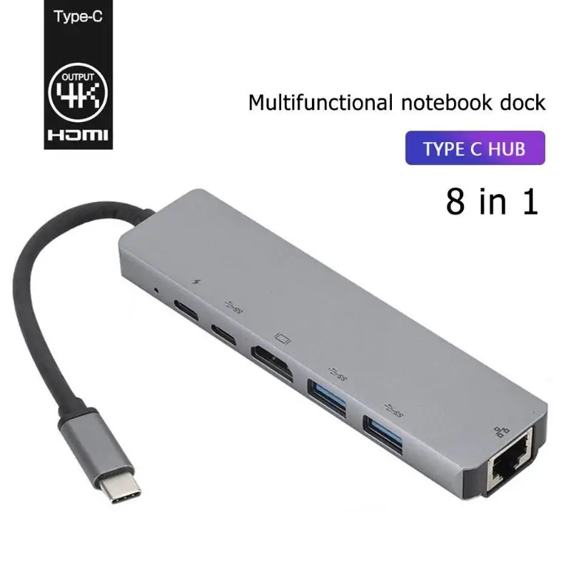 

Multifunction Portable 8 in 1 USB 3.1 Type-C HUB Converter 4K HDMI PD USB-C RJ45 2 USB 3.0 Memory Card Reader Dock Adapter New