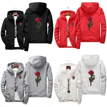 

Unisex Men Women Rose Embroidered Hooded Hoodie Coat Jacket Casual Windbreaker Jacket Outdoor Sport Running Coat Lovers Clothing