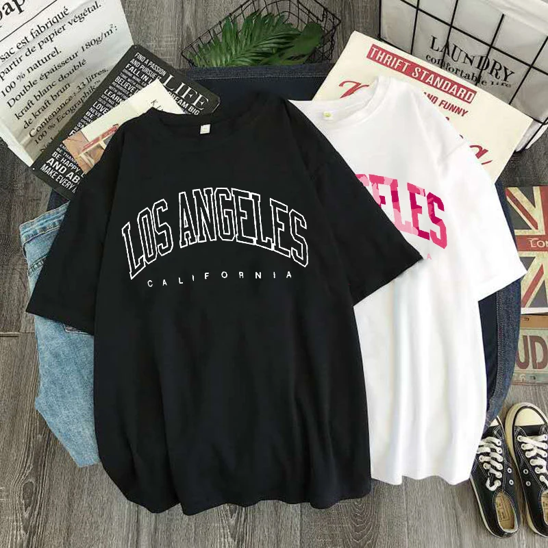 Los Angeles Fashion Short Sleeve Tshirt USA Letter Print Women Graphic T Shirt Summer Y2k Top Casual Oversized | Женская одежда
