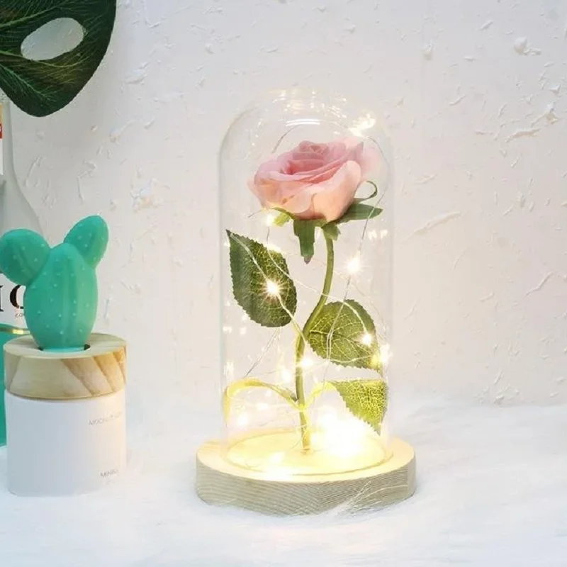 

Beauty And The Beast Red Rose Wood Base Valentine's Day Gift LED Simulation Feel Eternal Flower Night Light