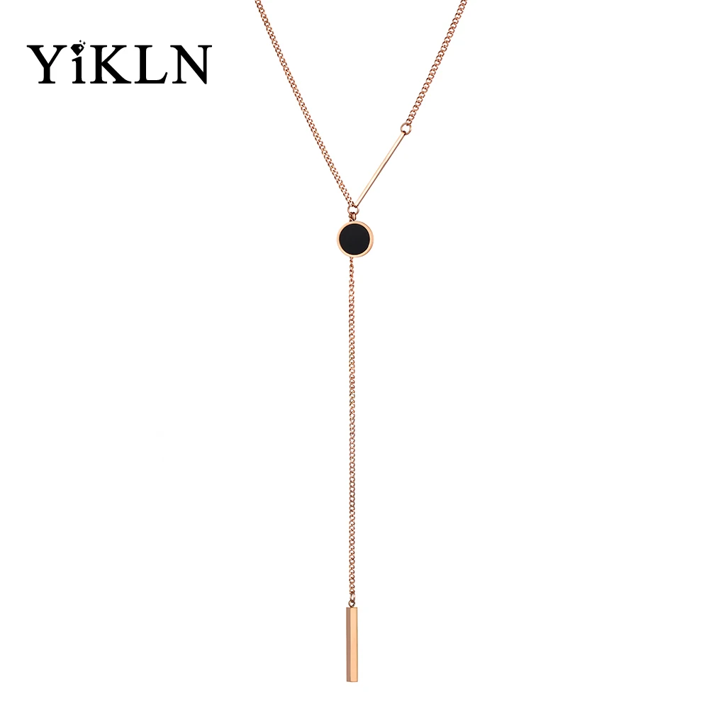 

YiKLN Stainless Steel Black Acrylic Disc Charm Pendant Necklaces Jewelry 24 Inches Sweater Chain Necklace For Women YN18247