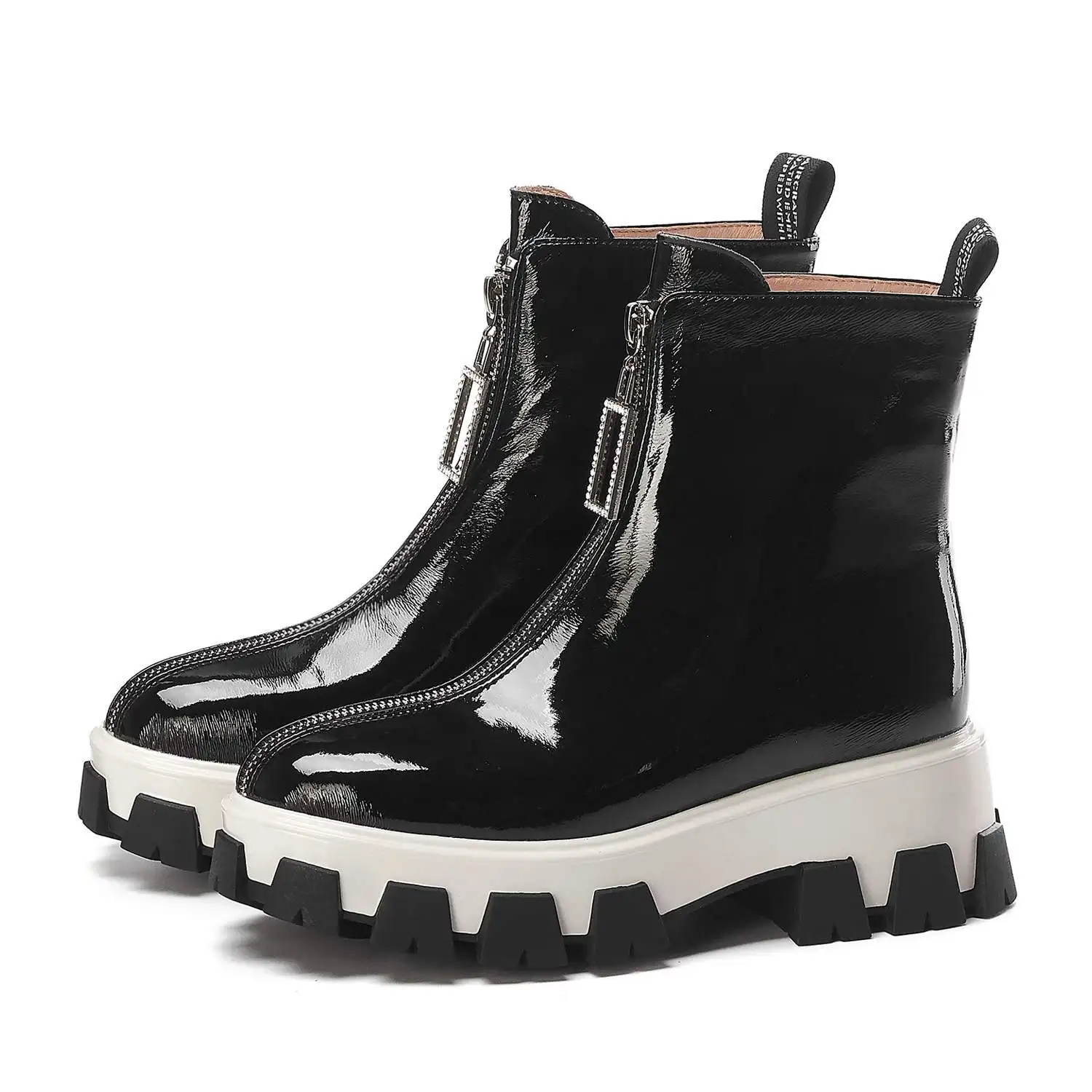Роскошные брендовые ботинки в байкерском стиле; женская зимняя обувь; ботинки до середины икры из натуральной кожи с молнией спереди и кристаллами в стиле панк на толстой подошве