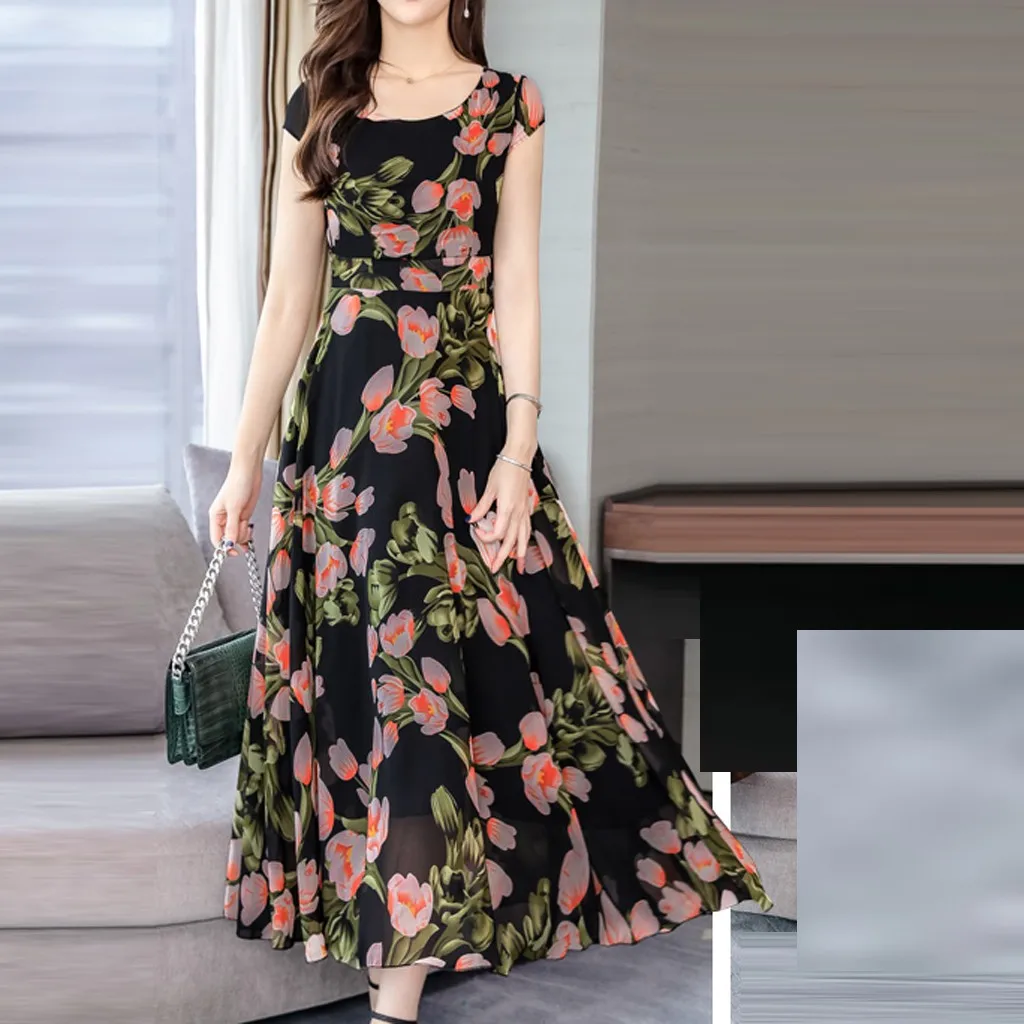 Летнее женское платье винтажное модное сексуальное богемное цветочное элегантное с круглым вырезом с коротким рукавом женское свободное платье с принтом элегантное