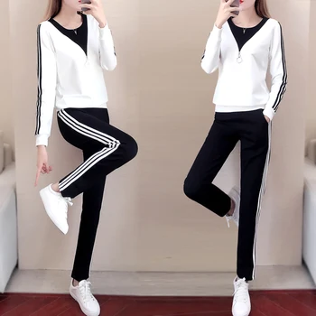 

Spring a New Set Female Korean Fashion Casual Long Sleeved 2 Piece Set Large Size Loose Sports Running Clothes Black Size