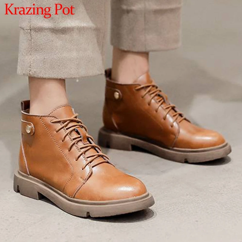 

krazing pot 2020 genuine leather vintage western boots neutral design round toe med heels winter rivet fasteners ankle boots L15