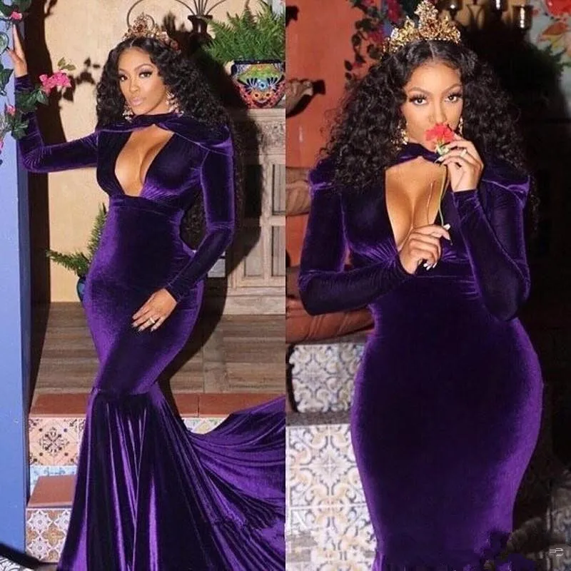 

Dark Purple Velour Mermaid Evening Dresses 2019 Keyhole Neck Long Sleeves Court Train Formal Evening Gowns Plus Size Custom Made