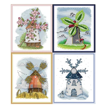 

Four Seasons Windmill Cross Stitch Kit Printing Counted Cross Stitch 14CT 11CT Fabric Art Embroidery Set Handmade Needlework Set