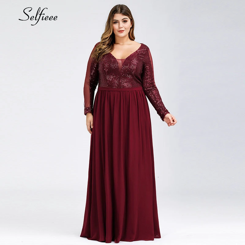

Plus Size Long Women Dress For Party Ladies Elegant Sequined See-through V-neck Mesh Long Sleeve A-line Burgundy Maxi Dress