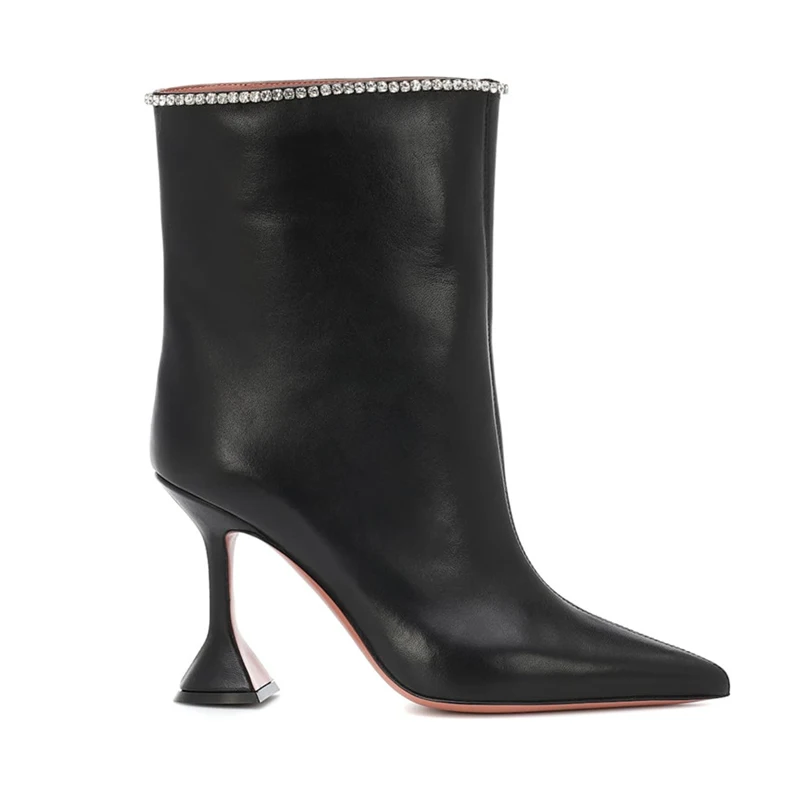 black leather Чашка на высоком каблуке украшенные кристаллами ботильоны для Для женщин Стразы класса люкс с Блестками Дизайнерские Для женщин сапоги заостренный носок; странный каблук; botas mujer - Цвет: black leather