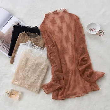 

2020 new spring lace womem blouse turtleneck solid flower see through office lady elegant pulls fashion shirts tops