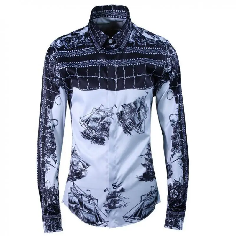 Mens Shirts Digital Printing Sailboats Metrosexual Casual Mens Dress Shirts Plus Size 3XL 4XL Long Sleeve Shirts Man