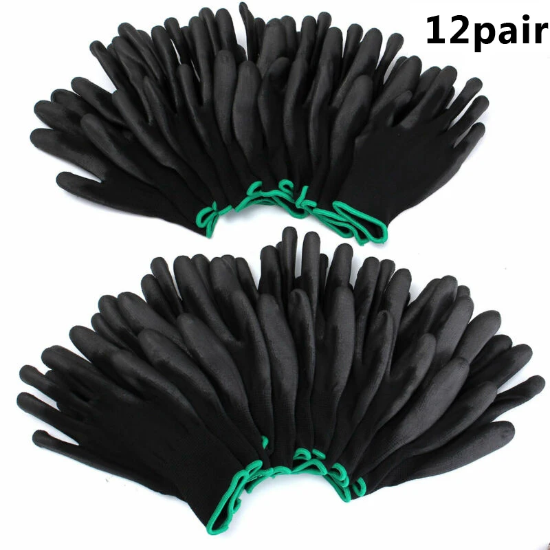 

12 Pairs Work Gloves PU Coated Black Knit Cuffs Safety Gloves Hand Protect Antiskid Industrial Mechanic Protective Working Glove