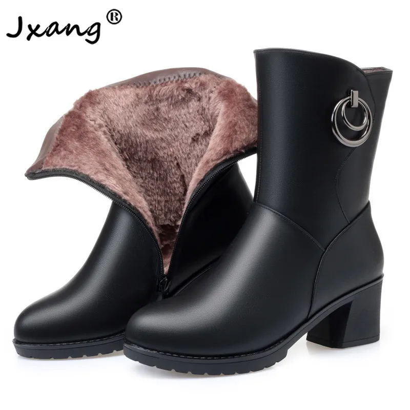 

JXANG 2020 New Women mid calf Boots Winter Genuine Leather Women Boots Shoes Trend Women Dress Boots High-heeled Autumn