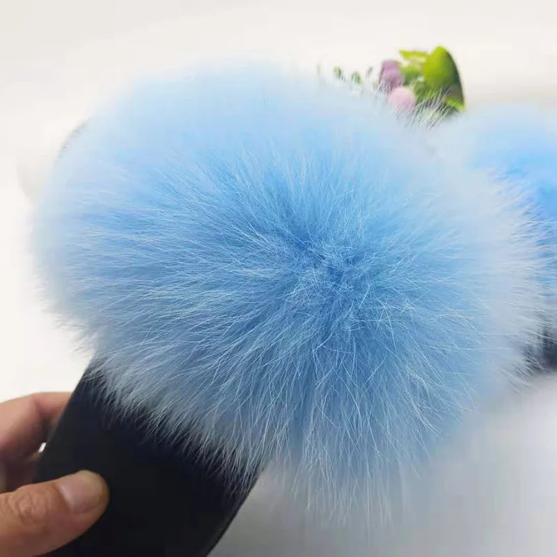 Light Blue Детские тапочки с натуральным лисьим мехом; женские меховые шлепанцы; женские меховые домашние тапочки; пушистые сандалии для девочек; домашняя обувь для мальчиков; женская обувь на плоской подошве - Цвет: Light Blue