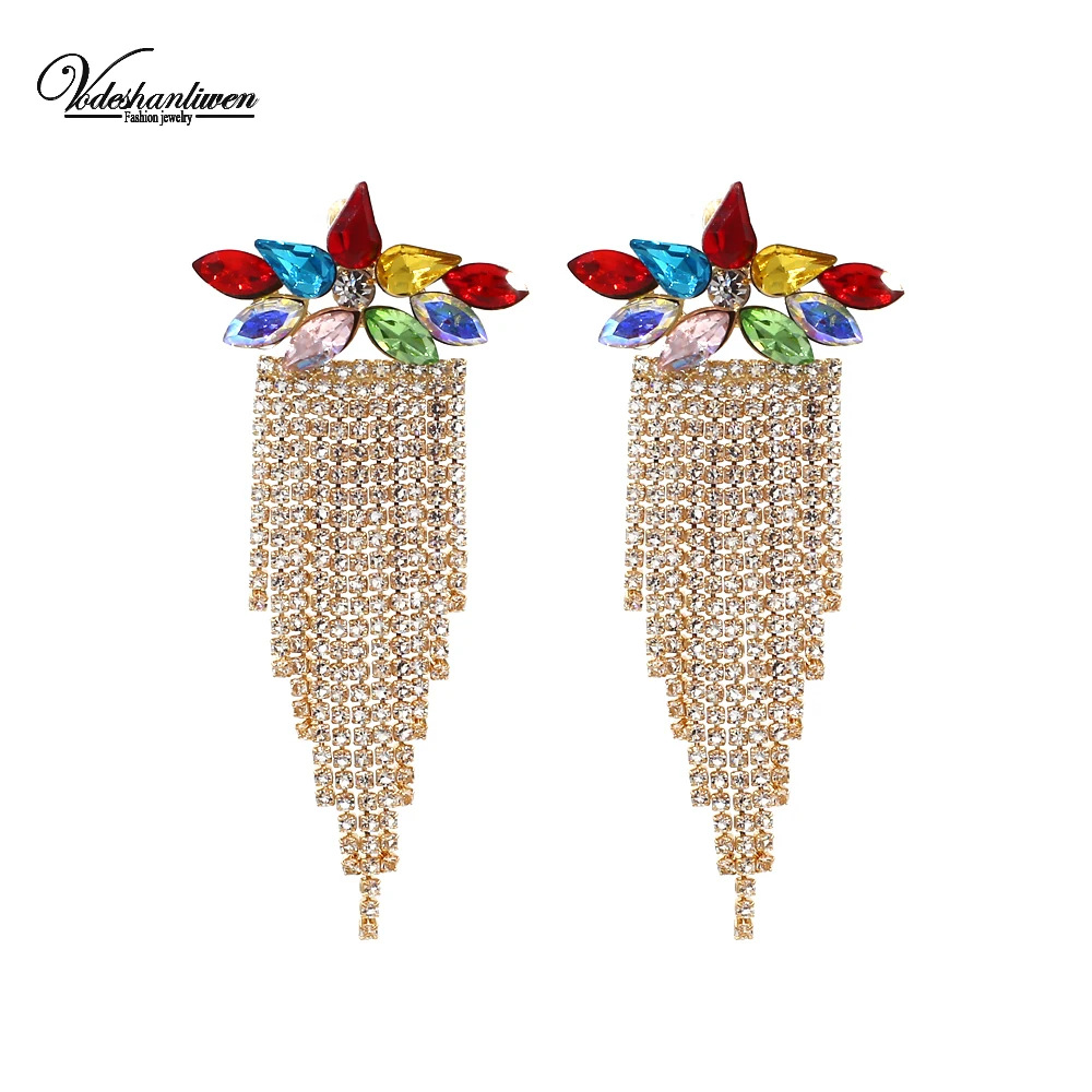 

Vodeshanliwen High Quality Multicolor Crystal Stud Earrings For Women New Rhinestone Tassel Earrings 2019 Accessory
