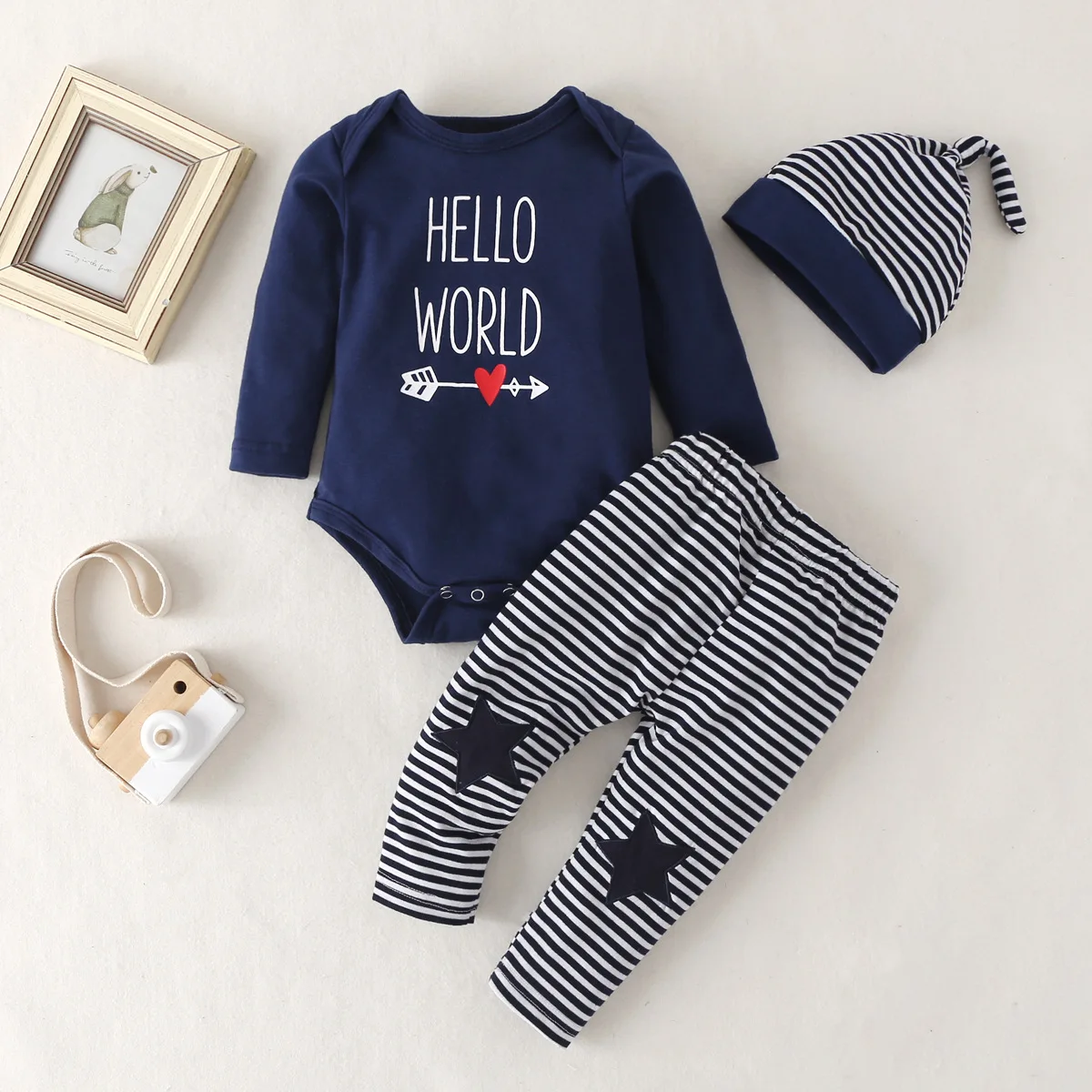 Newborn Infant Baby Boy Long Sleeve Romper Tops Pants Hat 3PCS Outfit Clothes T