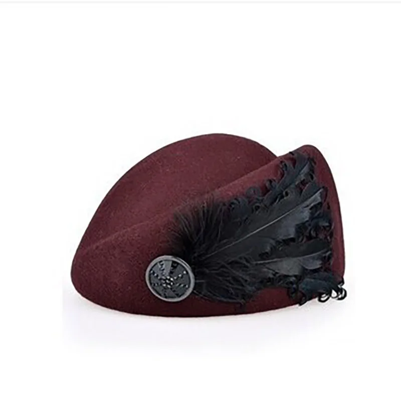 Dilidala осенне-зимняя шерстяная Женская шляпка-берет для женщин, модная Корейская Ретро английская черная шляпа с перьями, маленький Топ для женщин - Цвет: Wine Red