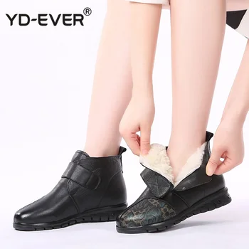 

New Women Snow Boots Winter Fur Ankle Boots For Women Wool Boots Printing Genuine Leather Mother Flat Keep Warm Shoes