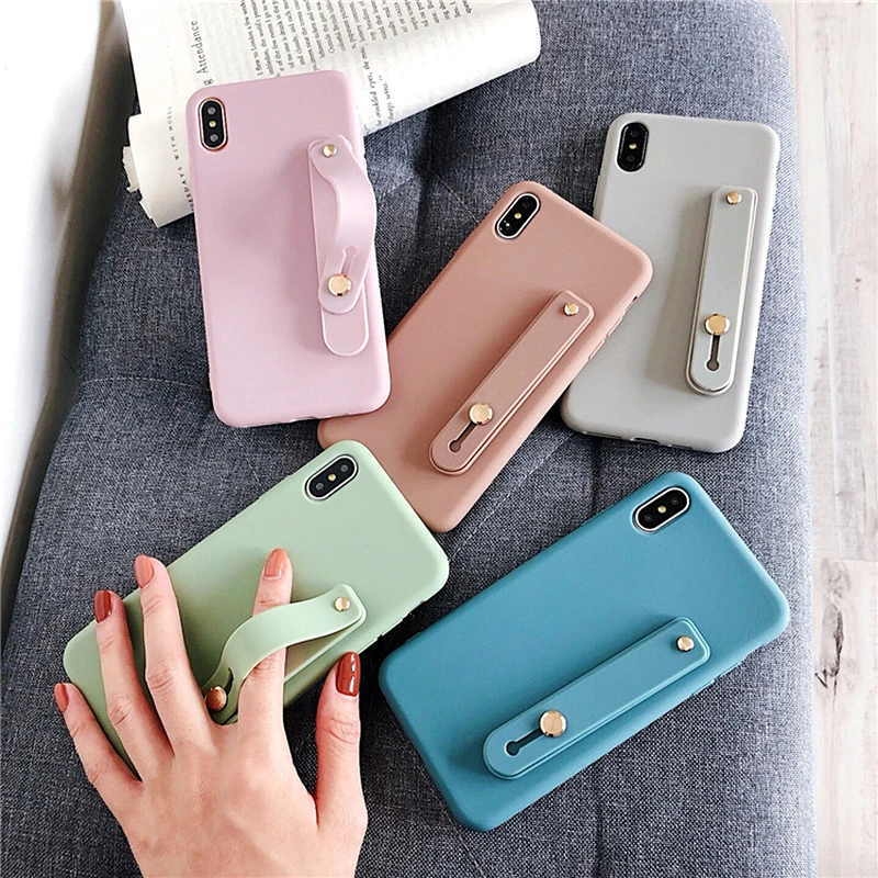 

Simple Candy Solid Color Wrist Strap Phone Case For iphone XS Max Case X XR 6 7 8 plus Colorful Hand Band Soft TPU Bracket Cover