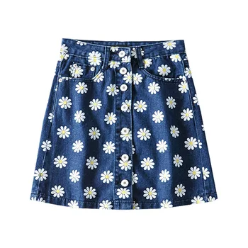 

Europe and America Retro Little Daisy Printed High-waisted Denim Skirt 2020 New Products GIRL'S Sense Slimming Single Breasted S