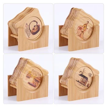

6 Pcs Heat Insulation Wooden Coaster Kit Table Tray Tableware Chinese Style Placemats Square Pad with Rack for Tea Coffee - Chin