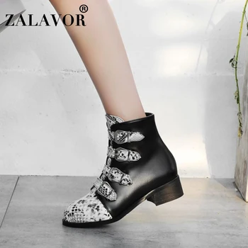 

ZALAVOR Fashion Snakeskin Ankle Boots For Women Zipper Round Toe Buckle Low Heels Shoes Winter Woman Footwear Size 32-43