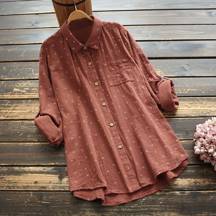 8417 New Autumn Women Blouse Japan Style Literary Print Turndown Collar Double Layer Cotton Shirt Tops Women 2