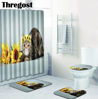 

Thregost Non Slip Bathroom Mat Memory Foam Bath Mats Set Water Absorption Rugs Washable Machine and Shower Curtain 4pcs/set