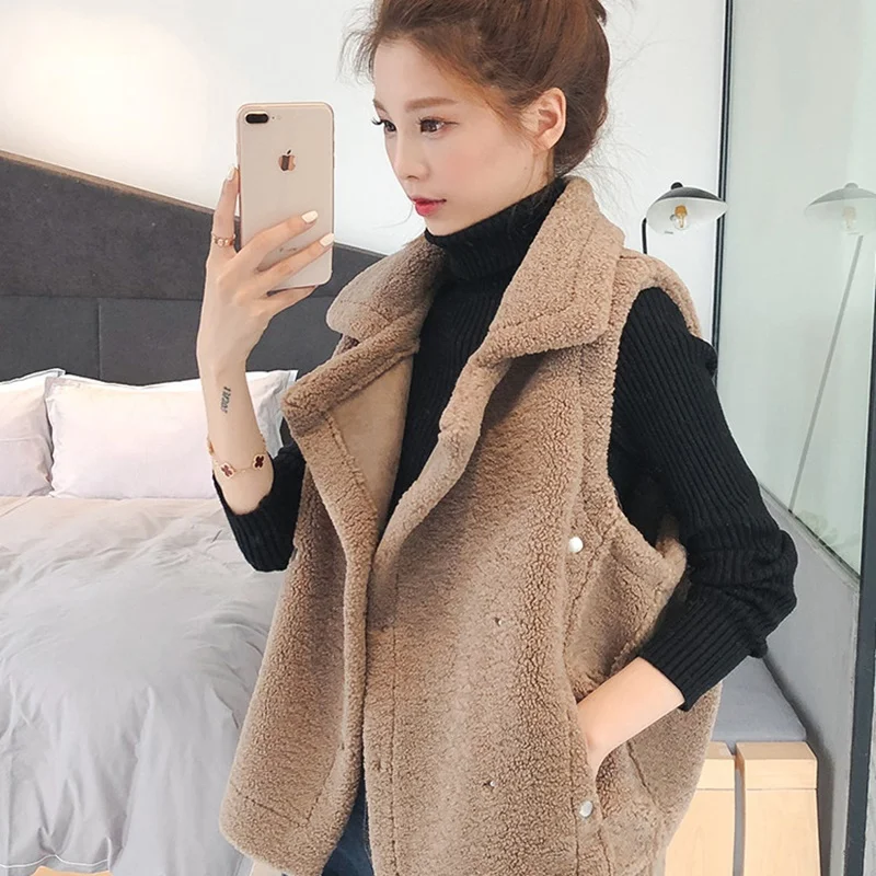 

Winter Fluffy Waistcoat Women'S Vest Female Coats Casual Sleeveless Plush Outwear Cardigan Pockets Solid Plus Size Jumper DD2372