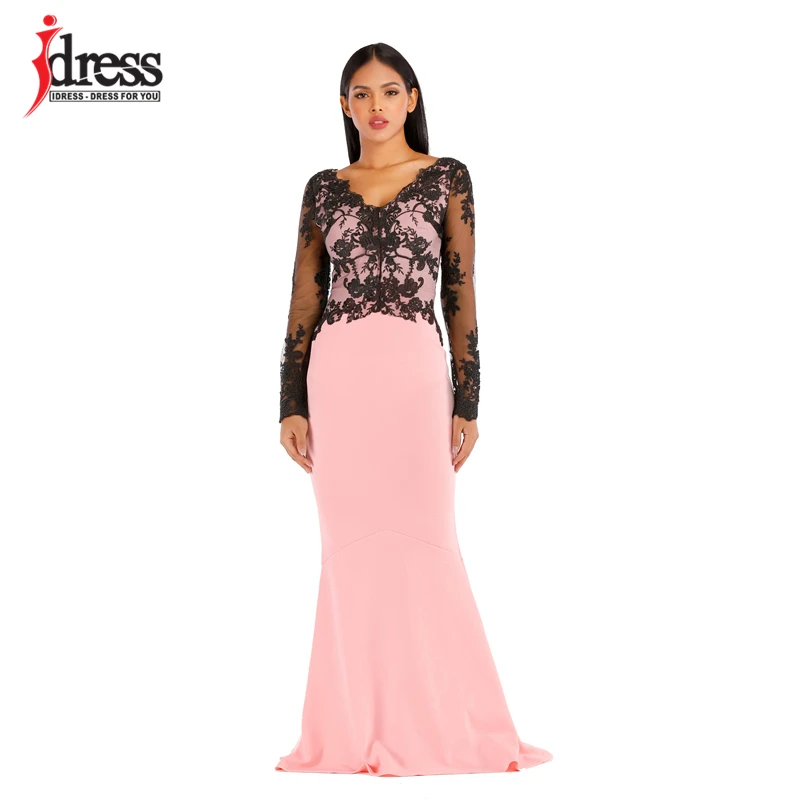 IDress High Quality Elegant V Neck Evening Mermaid Wedding Party Dress Sexy Lace Patchwork Dress Full-Length Maxi Long Dress (3)