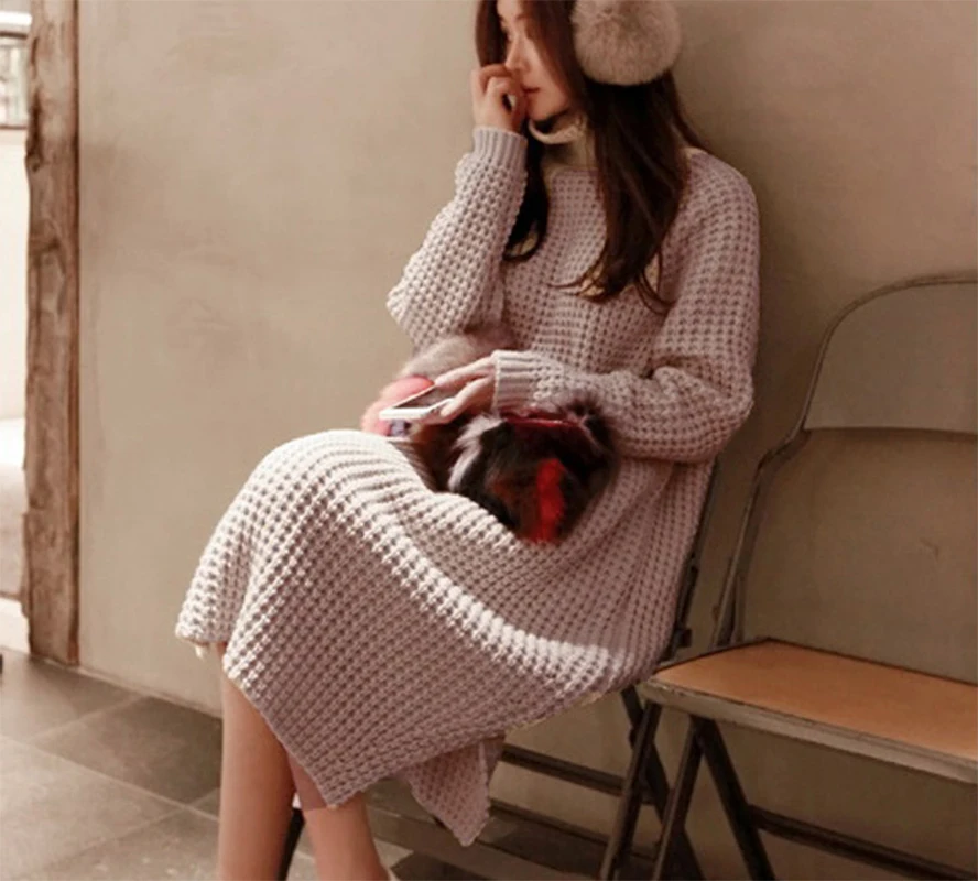 

2019 autumn winter new knit dress women fashion large size loose long-sleeved sweater casual thick high-neck sweater dress