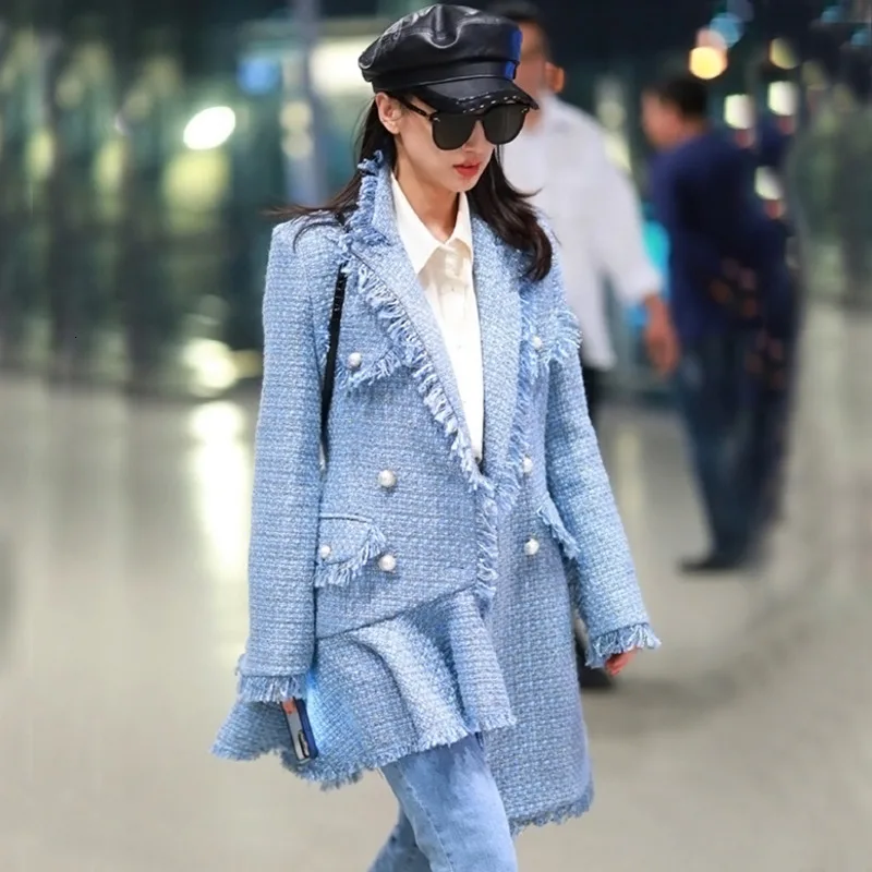 [EWQ] 2022 New Autumn Sweet Full Sleeve Double Breasted Tweed Coats Korea Style Loose Fashion Trends Slim Women Woolen Coat QZ06 | Женская