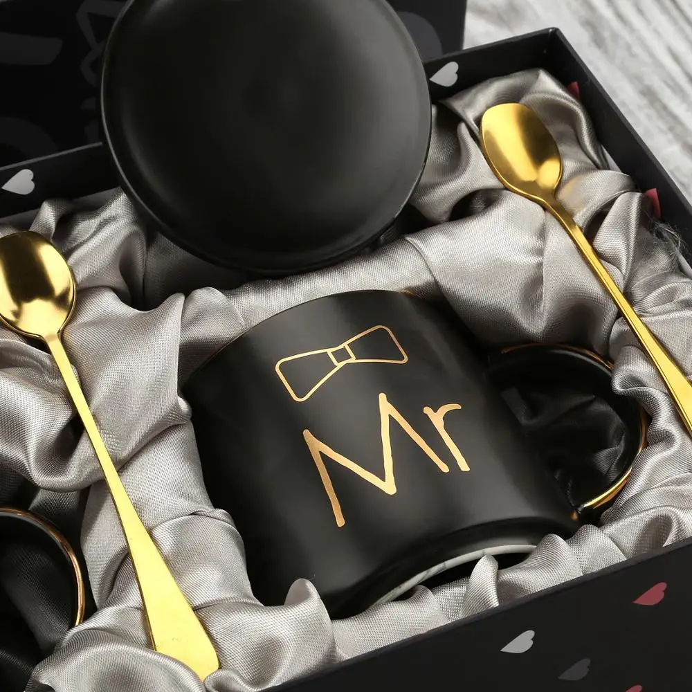 Tazze Caffè Coppia Mr E Mrs - Set Regalo Matrimonio In Ceramica Marmo, 400ml Con Cucchiai E Scatola - Foto 2