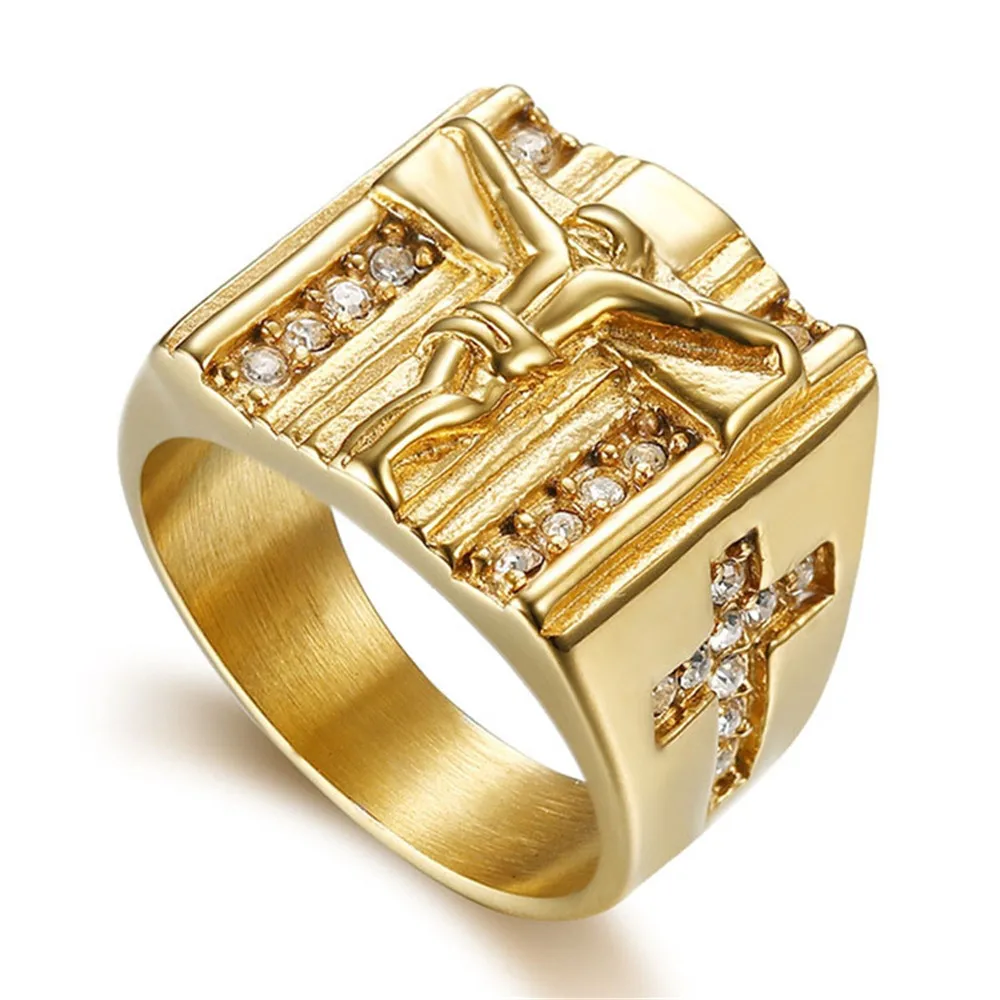 Jesus Christ Church Ring Gold Color Iced Out Stainless Steel Religion Cross Rings For Men Punk Prayer Jewelry Gifts Dropshipping | Украшения