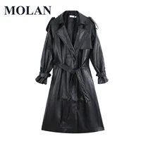 Woman Pu Leather Overcoat Long Sleeve Big Pocket With Belt Fashion Autumn Coat Female Chic Bomber High Street Leather Outwear 1