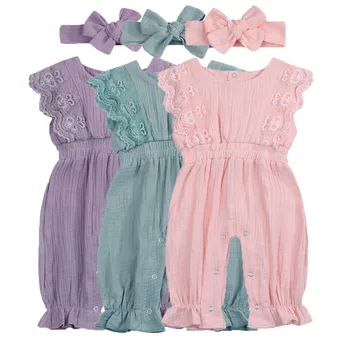 

Summer Baby Girl Rompers Toddler Sleeveless Solid Lace Design Girl Romper Jumpsuit With Headband One-Pieces Newborn Baby Clothes