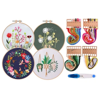 

4 Set Embroidery Starter Kit Cross Stitch Kit Embroidery Clothes with Pattern Embroidery Hoops Color Threads Tools Kit