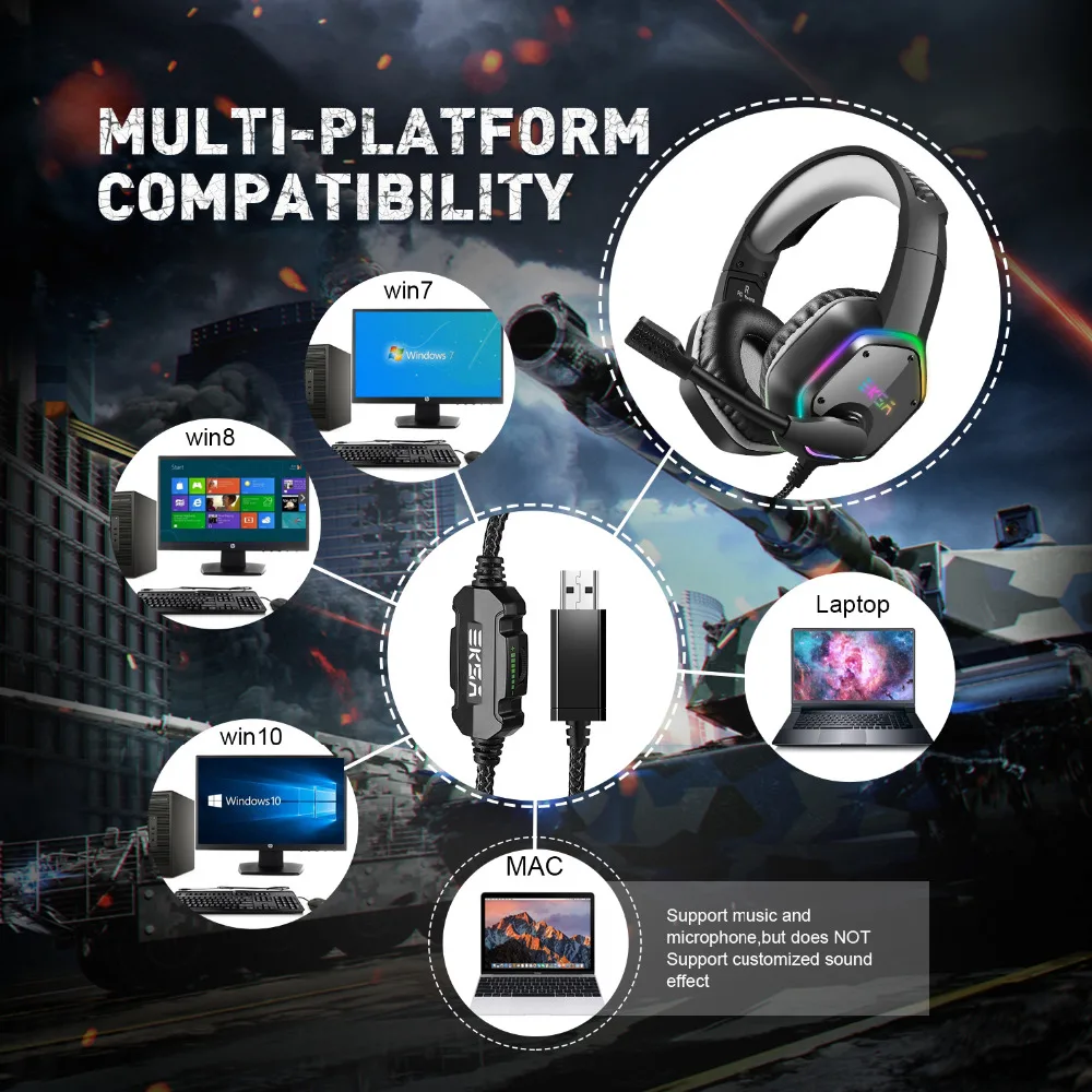 EKSA E1000 7.1 Surround Sound Gaming Headset With Microphone For PS4/Xbox-One/PC Gamer Stereo USB Wired Headphone RGB LED Light