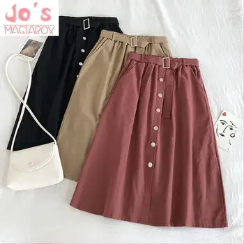

Spring Summer Casual Korean Women Empire A-Line Mid-Calf Skirt Vintage Female Sashes Button Solid Loose High Waist Skirts